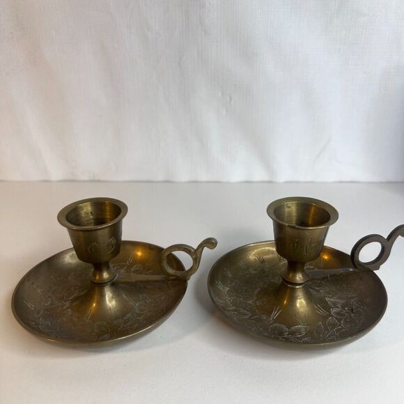Pair Vintage Brass Candlestick Chamber Stick Finger Holder MCM Etched Floral - Picture 6 of 14
